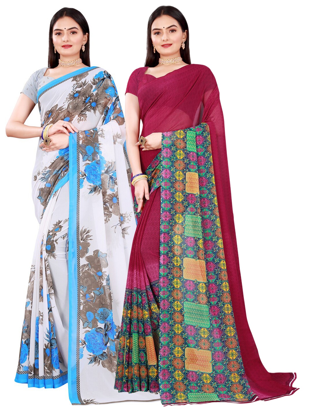 

KALINI Women White & Maroon Pack Of 2 Pure Georgette Saree