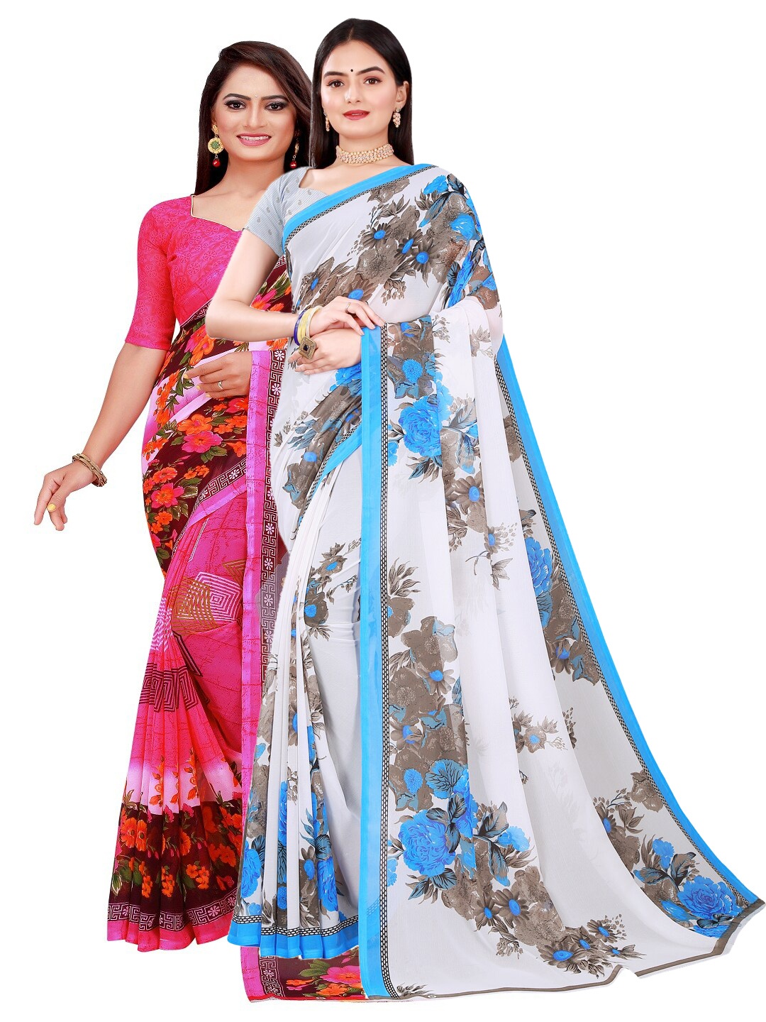 

KALINI Pack of 2 White & Pink Printed Pure Georgette Saree