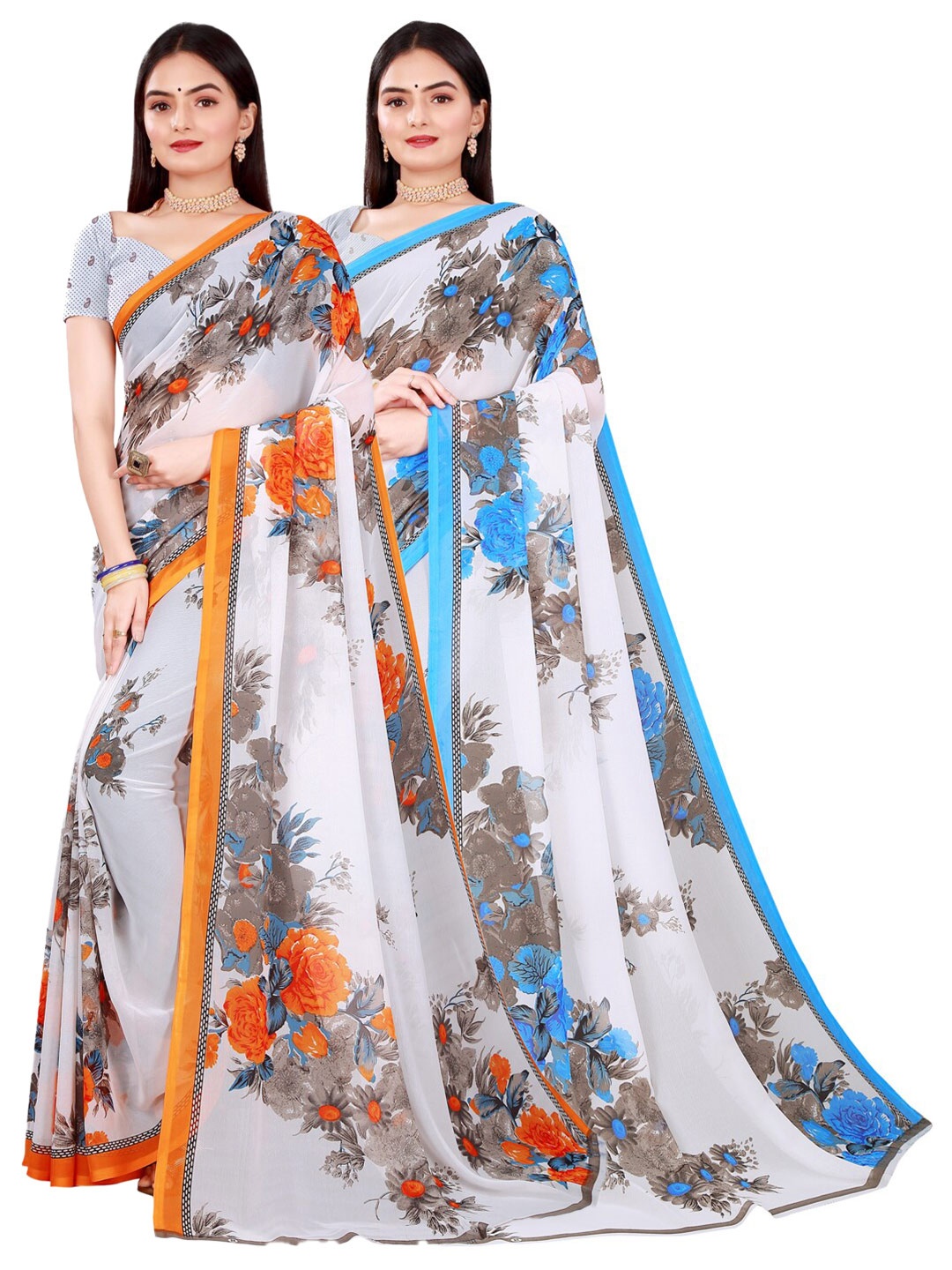 

KALINI Pack of 2 Floral Printed Pure Georgette Saree, White