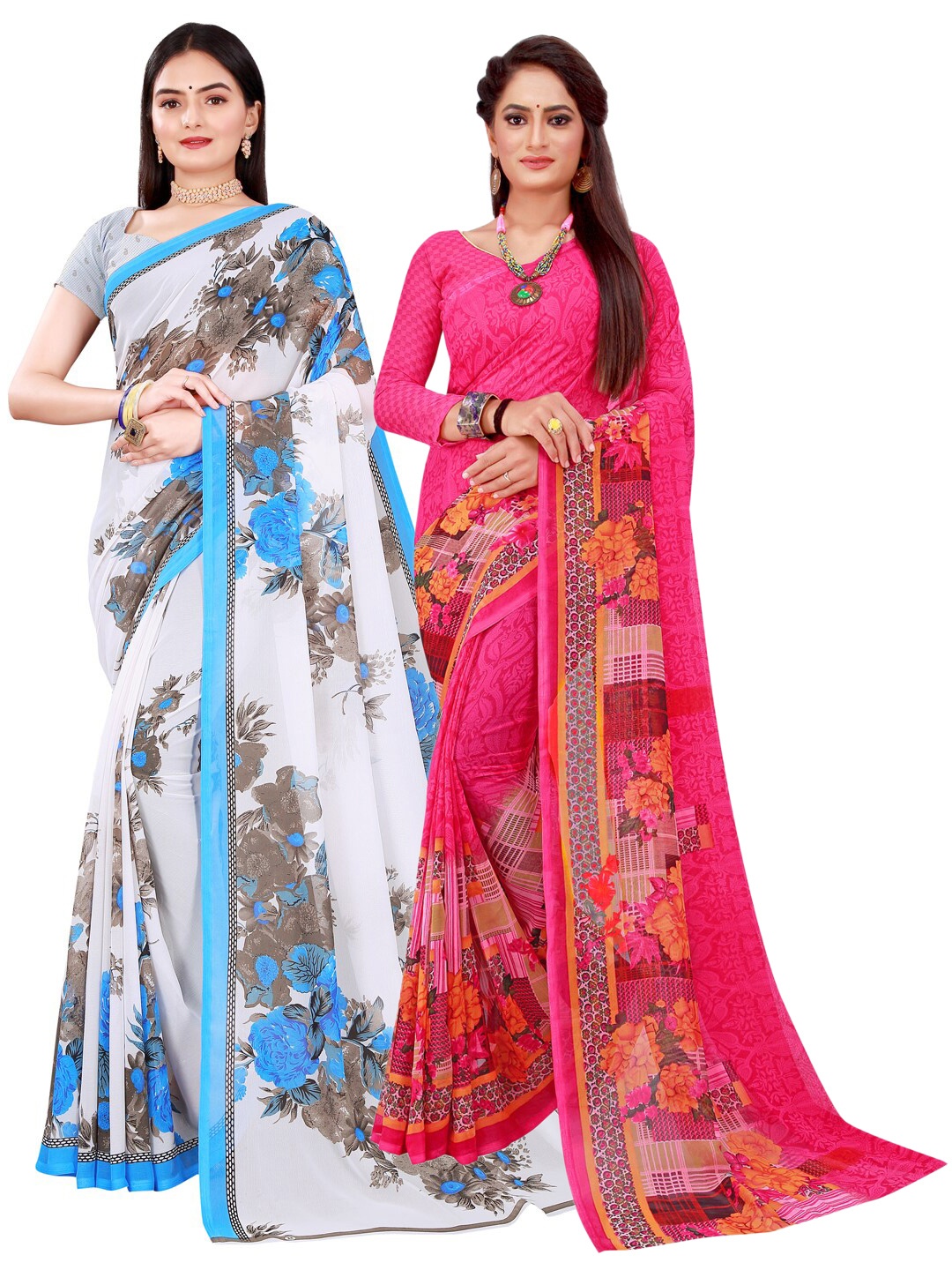 

KALINI Pack Of 2 Magenta & White Floral Pure Georgette Saree