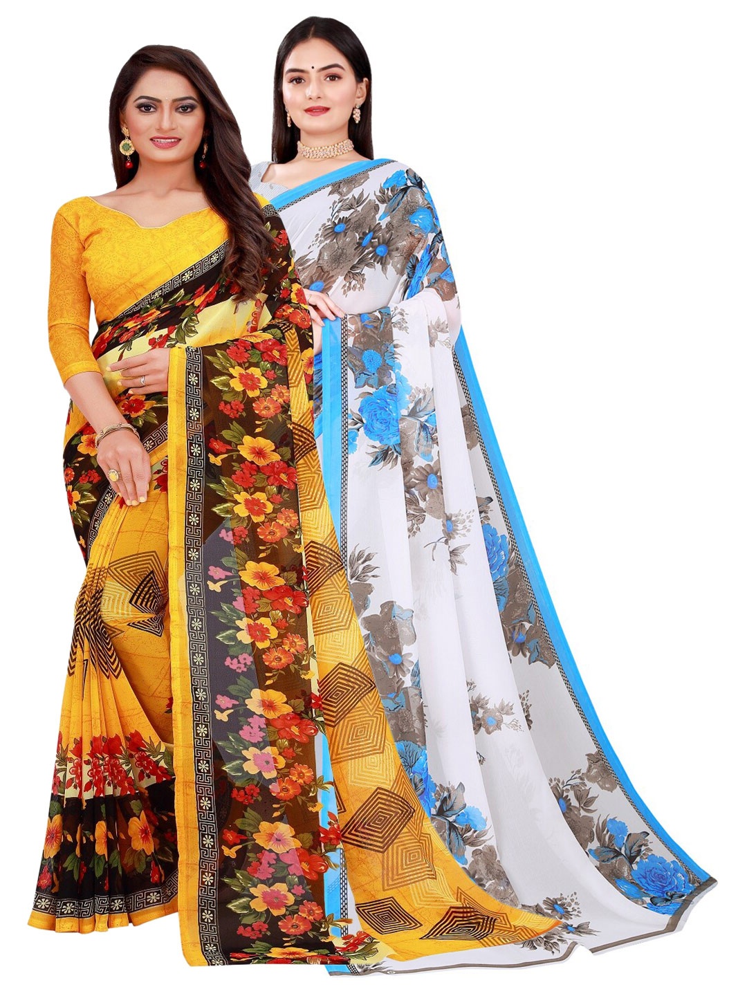 

KALINI Pack Of 2 Yellow & White Pure Georgette Saree