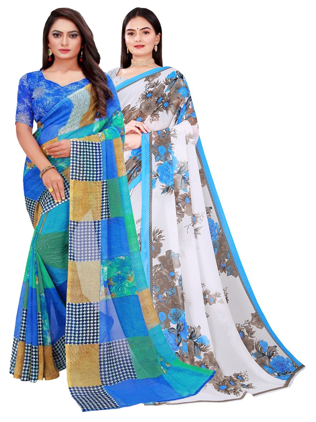 

KALINI White & Blue Pack Of 2 Pure Georgette Saree