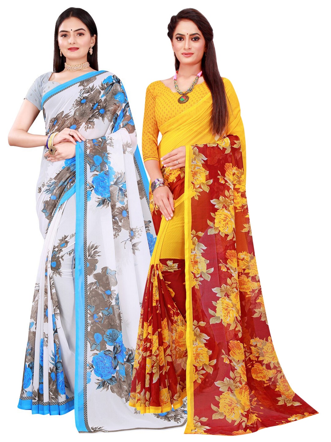 

Florence Set Of 2 White & Yellow Floral Pure Georgette Saree