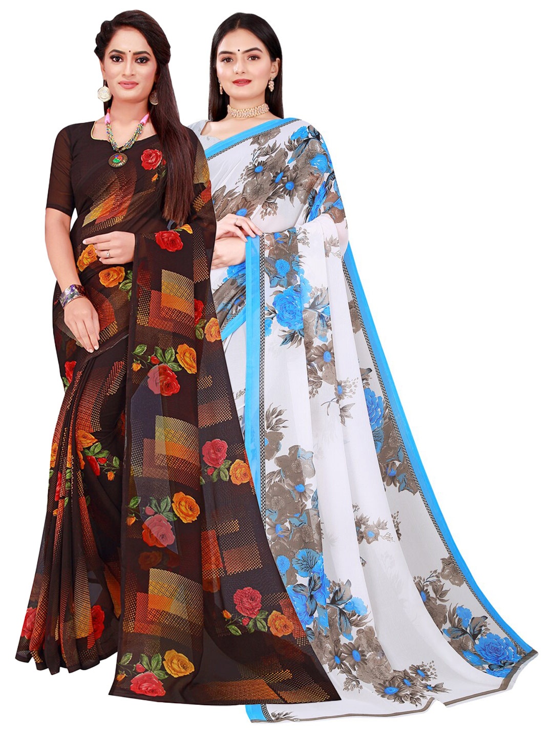 

Florence Set Of 2 White & Brown Floral Pure Georgette Saree