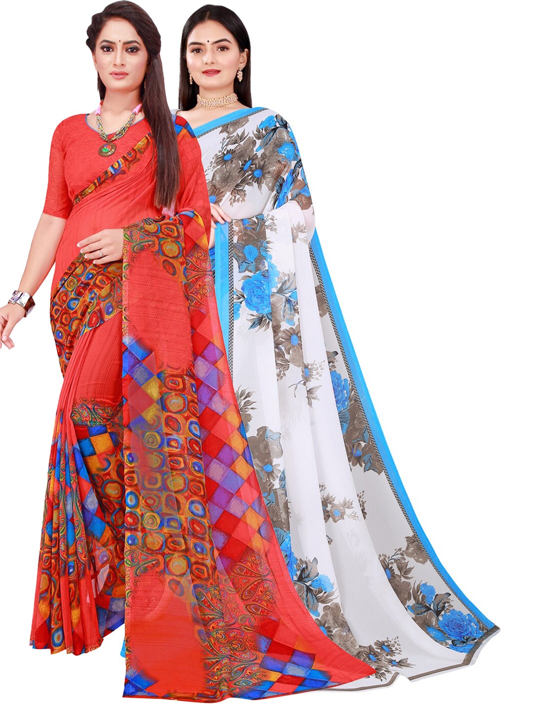 

Florence Set Of 2 White & Blue Floral Pure Georgette Saree