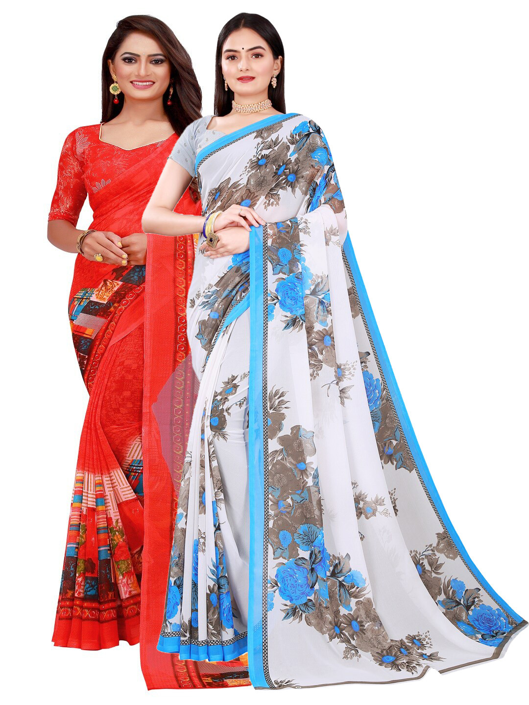 

Florence Set Of 2 White & Red Floral Pure Georgette Saree