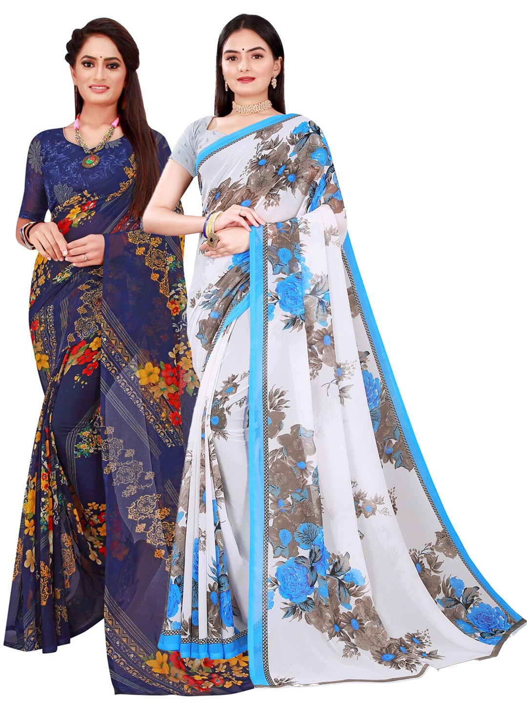 

Florence Set Of 2 White & Navy Blue Floral Pure Georgette Saree