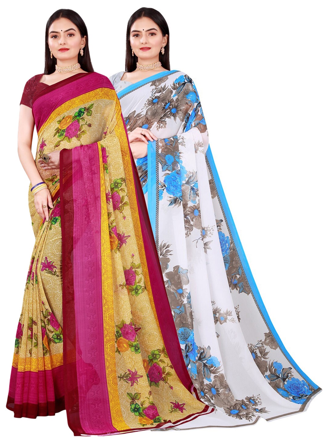 

Florence Set Of 2 Beige & White Floral Pure Georgette Saree