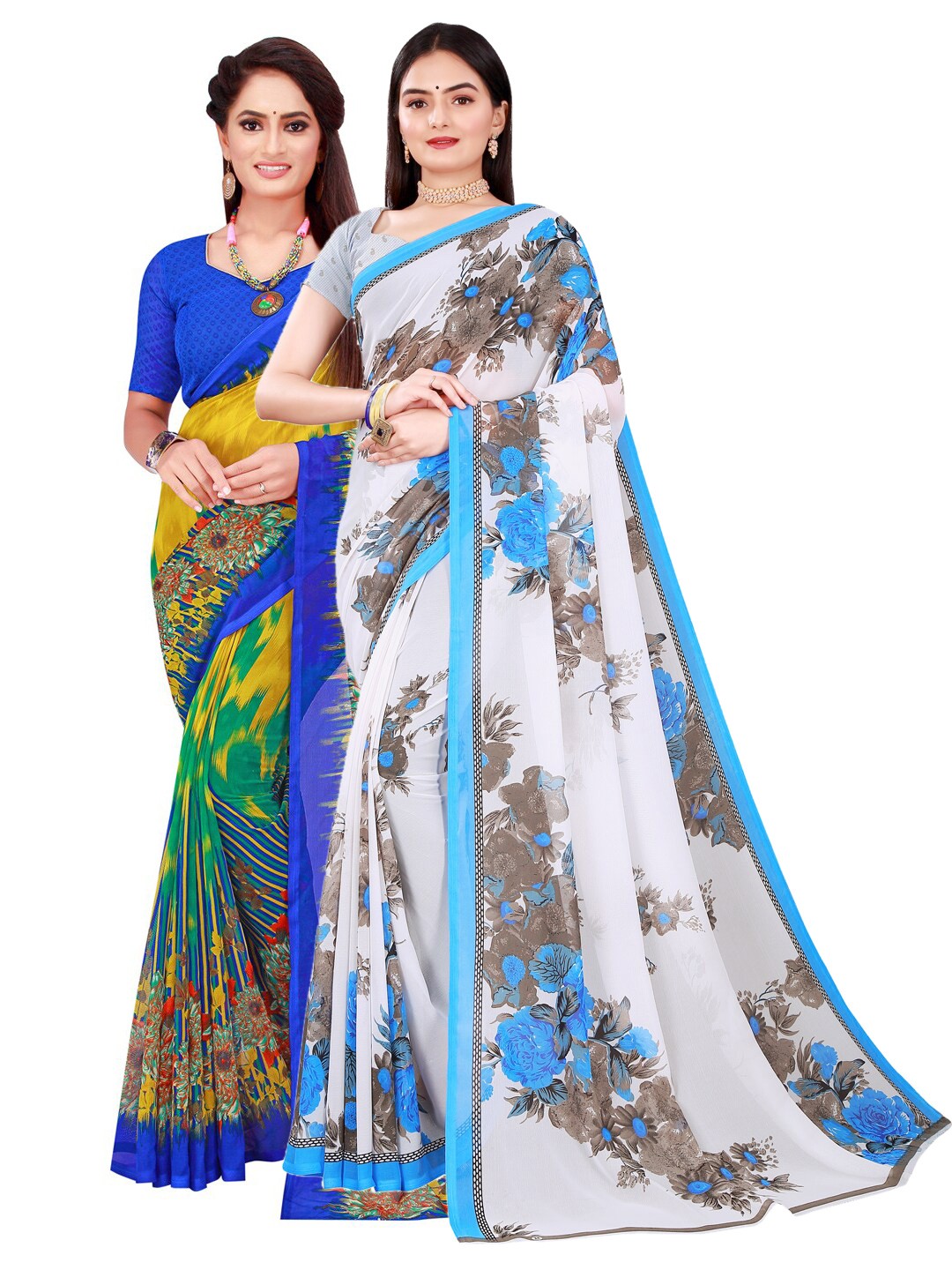 

Florence Set Of 2 White & Navy Blue Floral Pure Georgette Saree