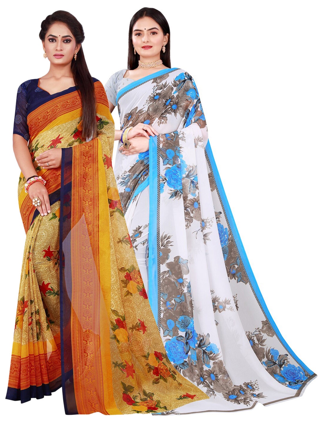 

Florence Set Of 2 White & Beige Floral Pure Georgette Saree