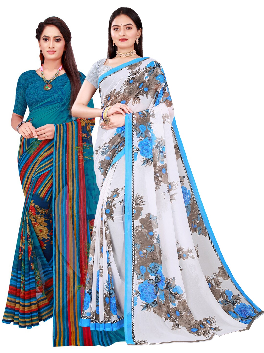 

Florence Set Of 2 White & Blue Floral Pure Georgette Saree
