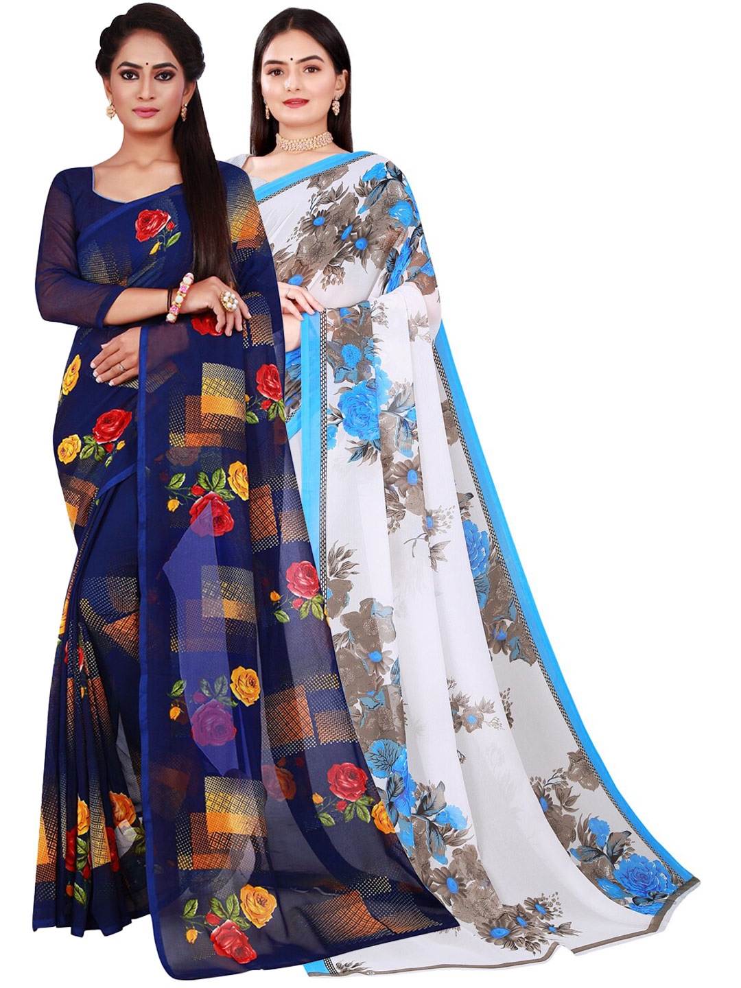 

Florence White & Navy Blue Pack Of 2 Pure Georgette Saree