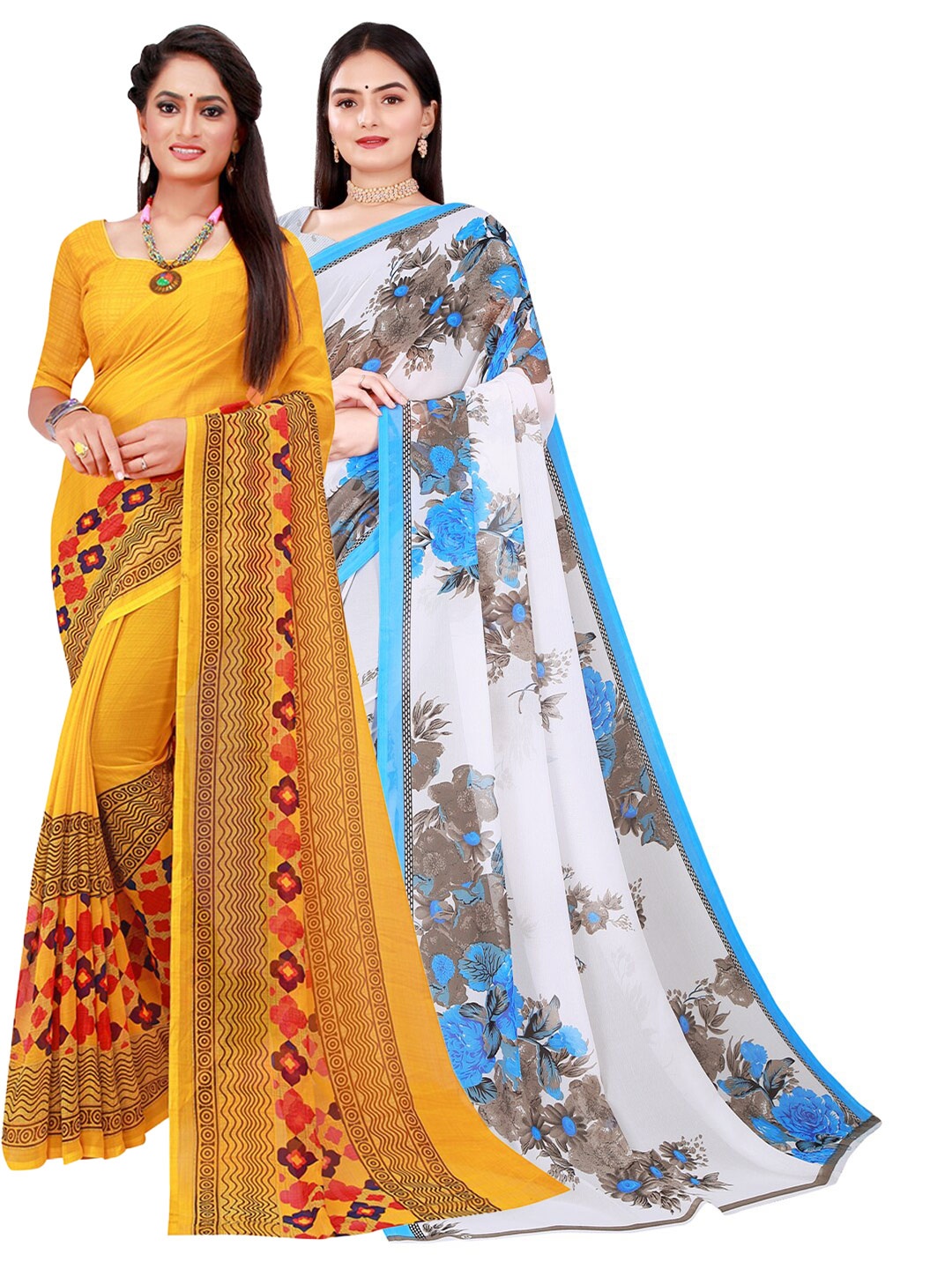 

Florence Pack of 2 Printed Pure Georgette Sarees, Yellow