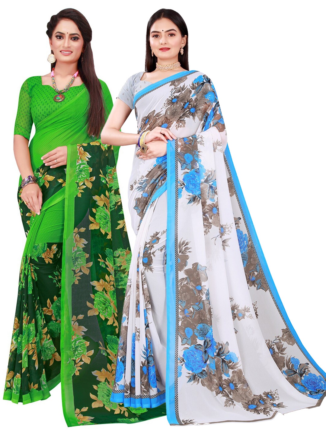 

Florence Pack of 2 White & Green Pure Georgette Saree