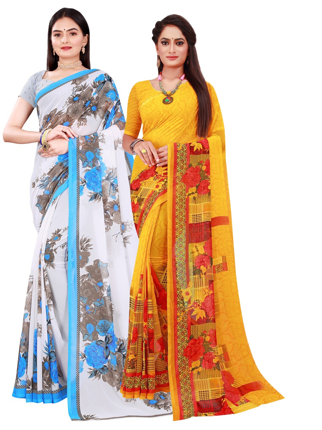 Florence Pack of 2 Yellow & White Pure Georgette Sarees