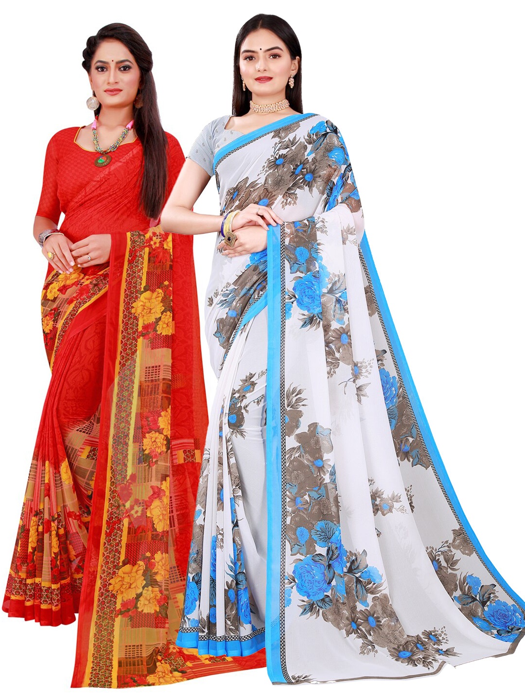 

Florence Pack of 2 Floral Pure Georgette Sarees, White