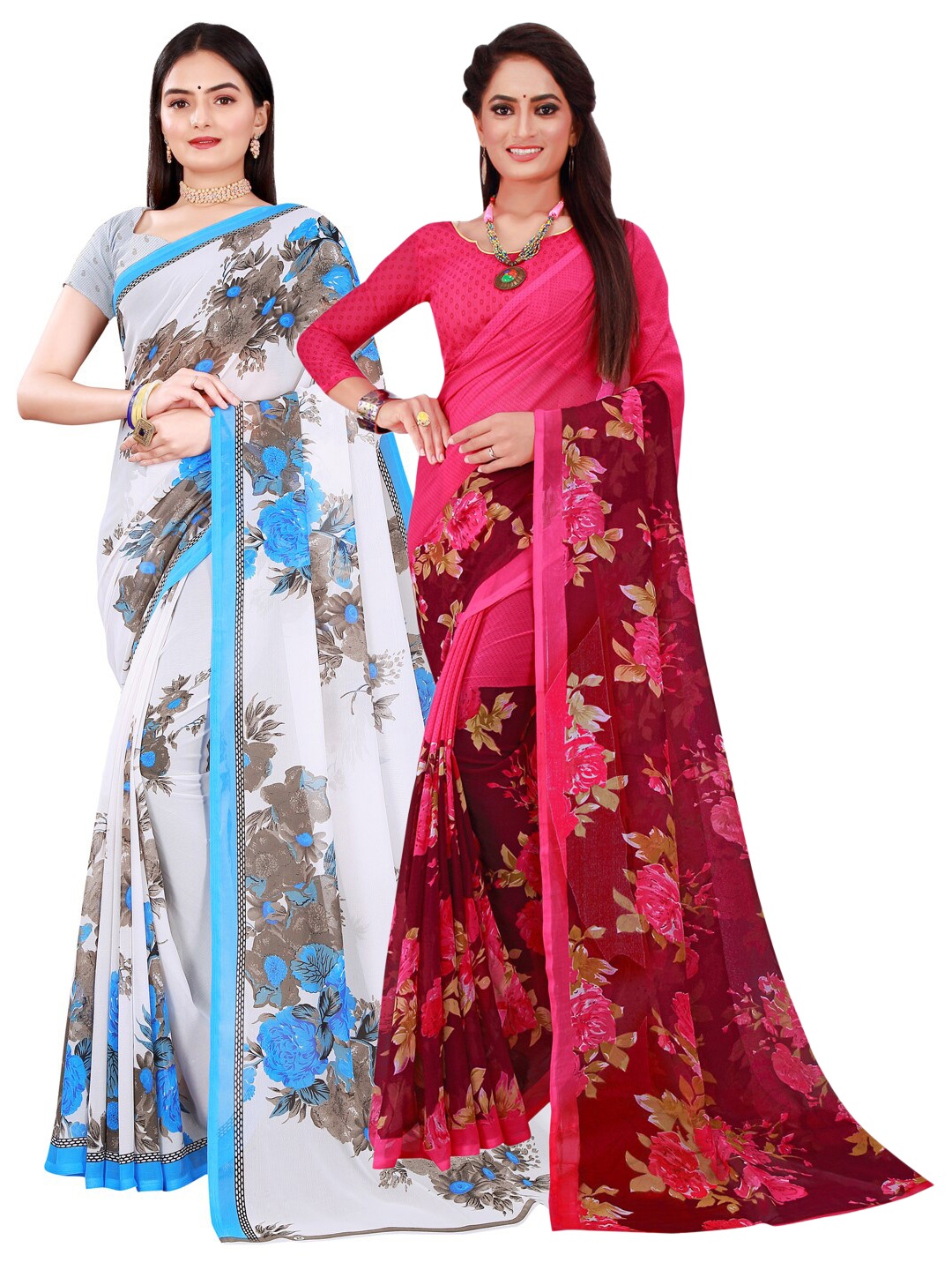 

Florence Women White & Magenta Pack Of 2 Pure Georgette Saree