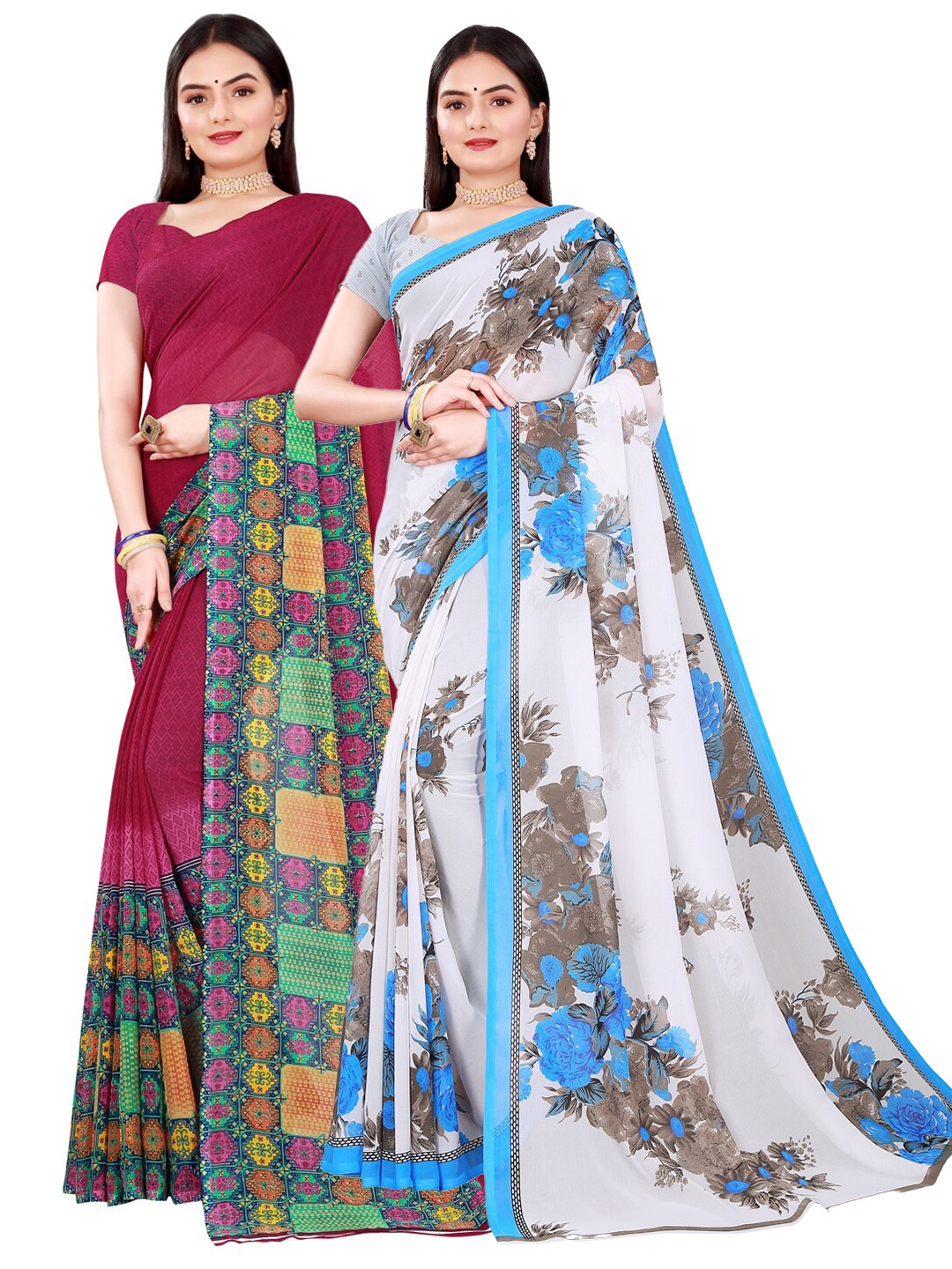 

Florence Women White & Maroon Pure Georgette Saree