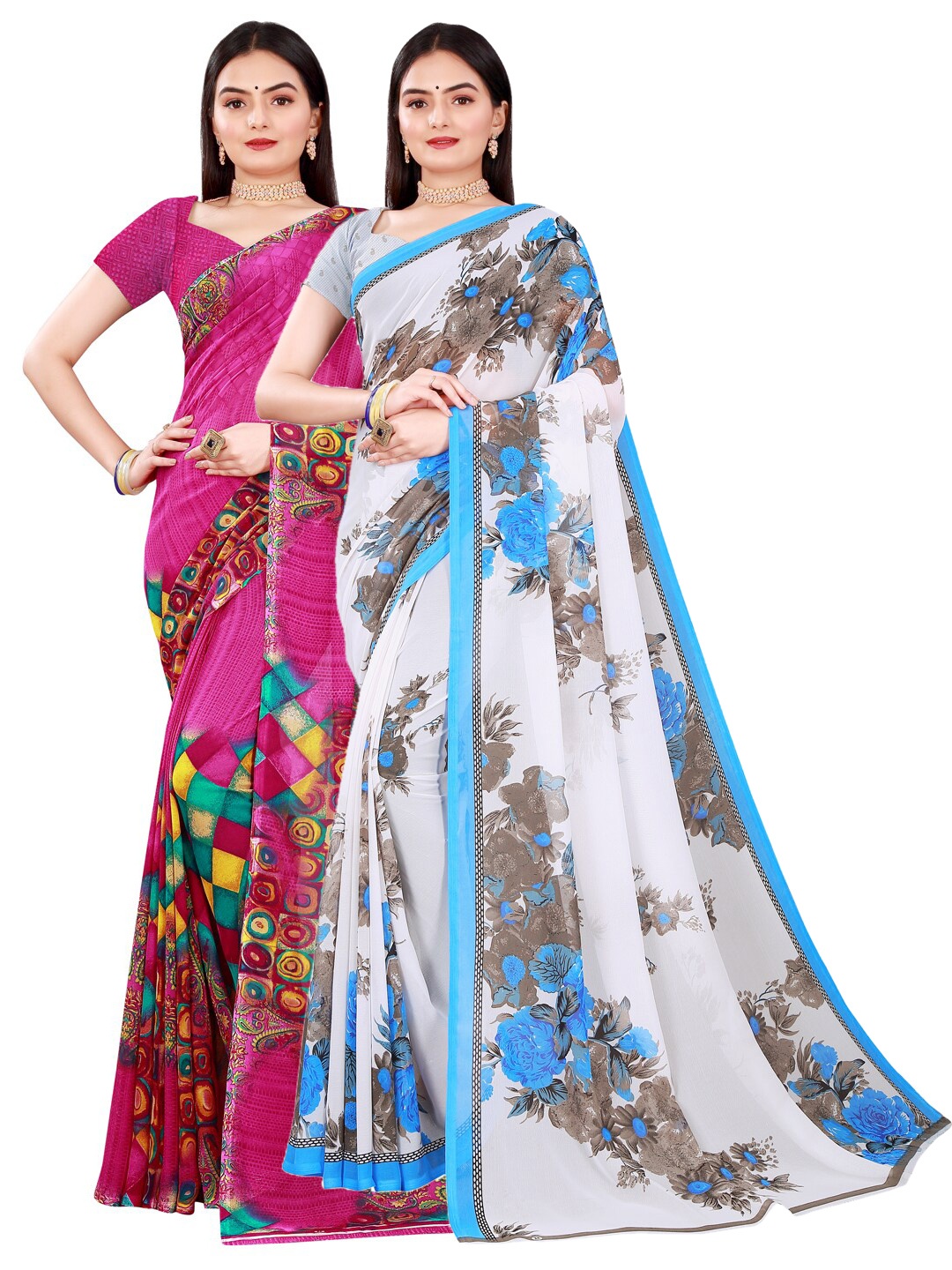 Florence Pack of 2 Magenta & White Printed Pure Georgette Saree