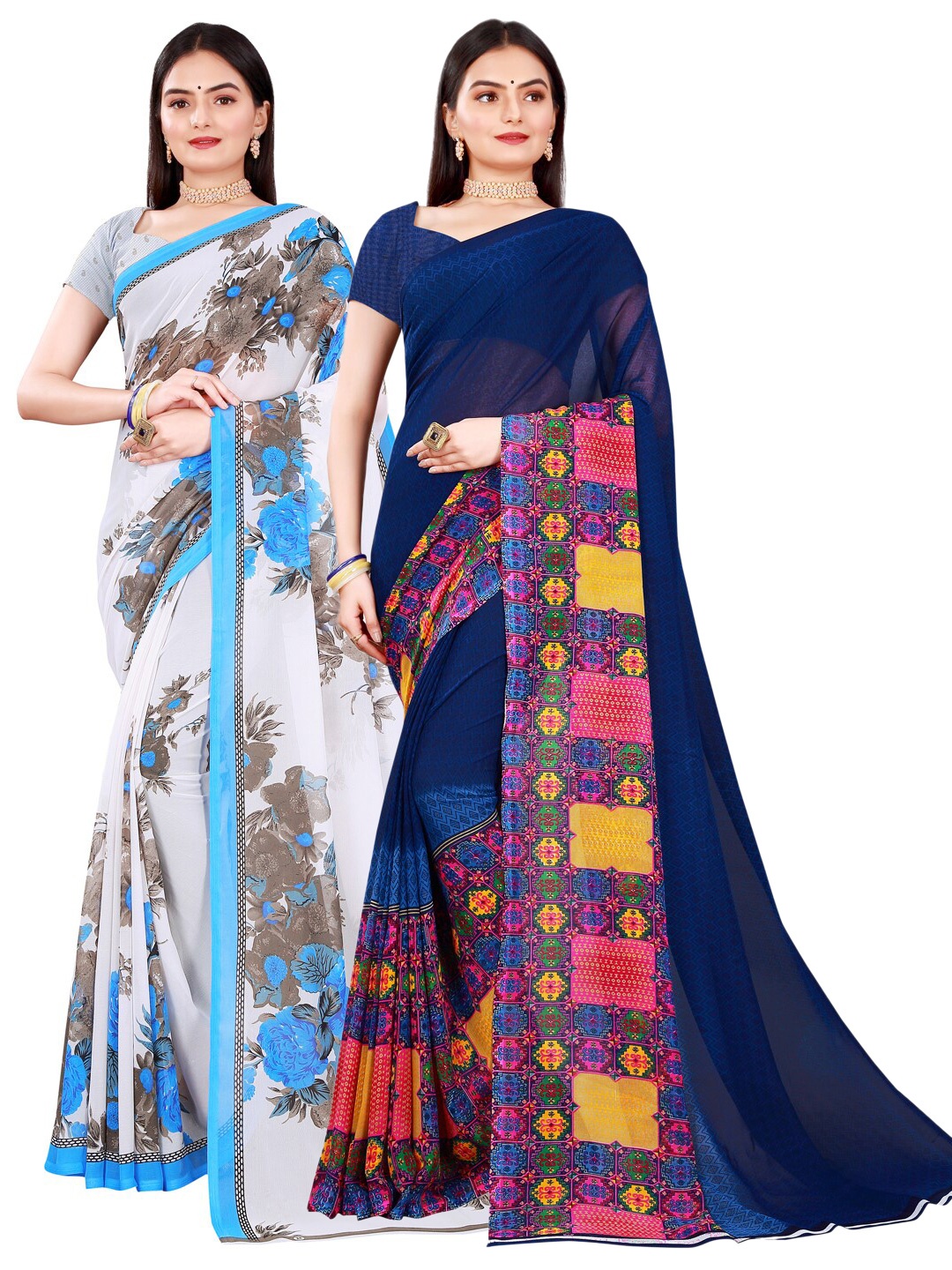 

Florence White & Navy Blue Floral Pure Georgette Pack of 2 Saree
