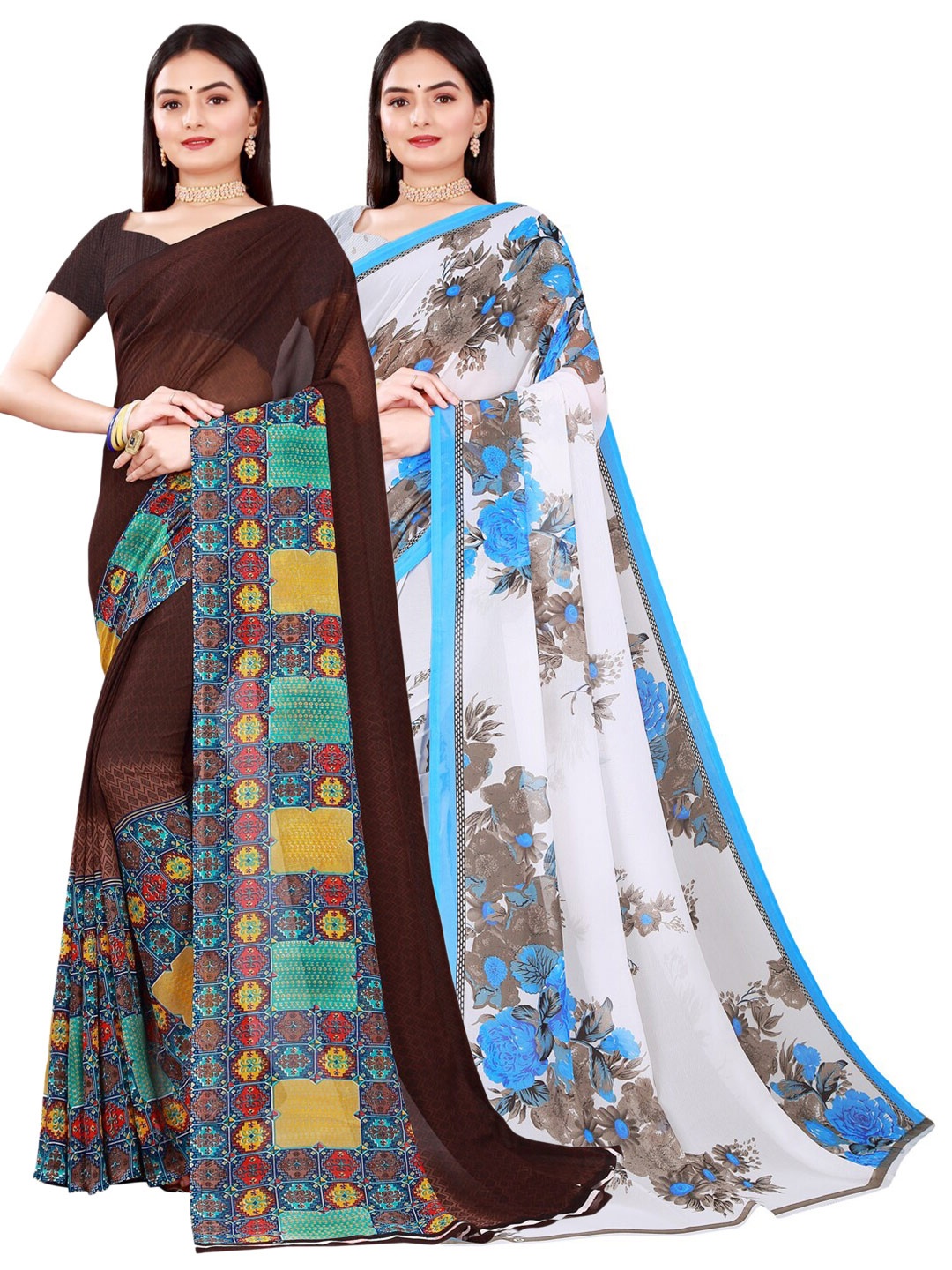 

Florence Set Of 2 Brown & White Floral Pure Georgette Saree