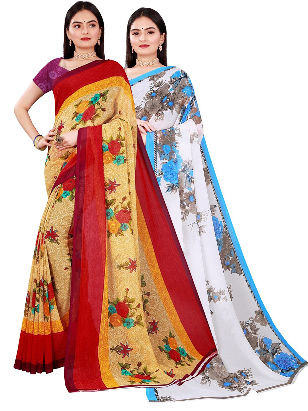 Florence Pack of 2 Floral Printed Pure Georgette Saree, Beige