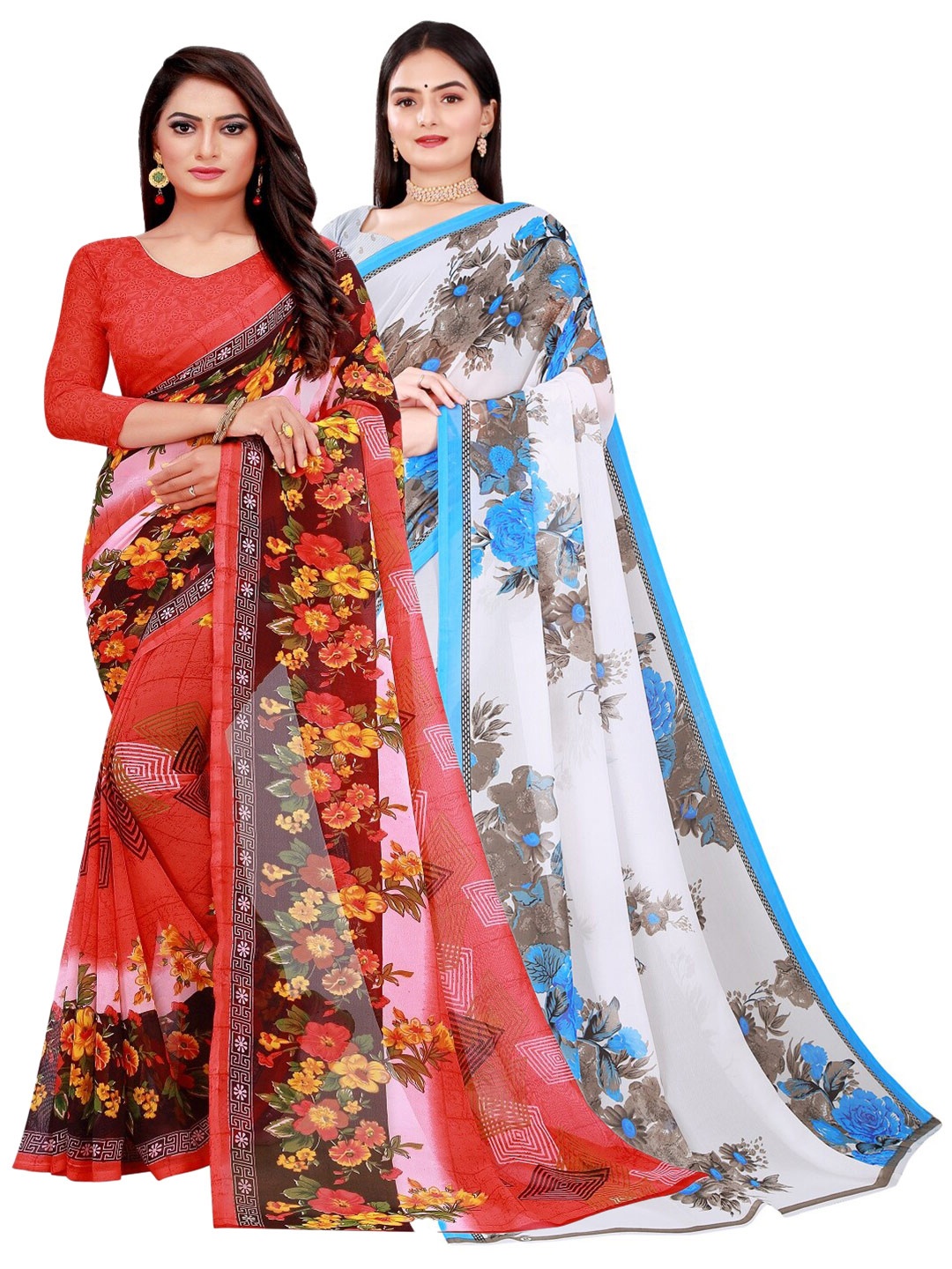 Florence Pack Of 2 White & Blue Floral Pure Georgette Saree