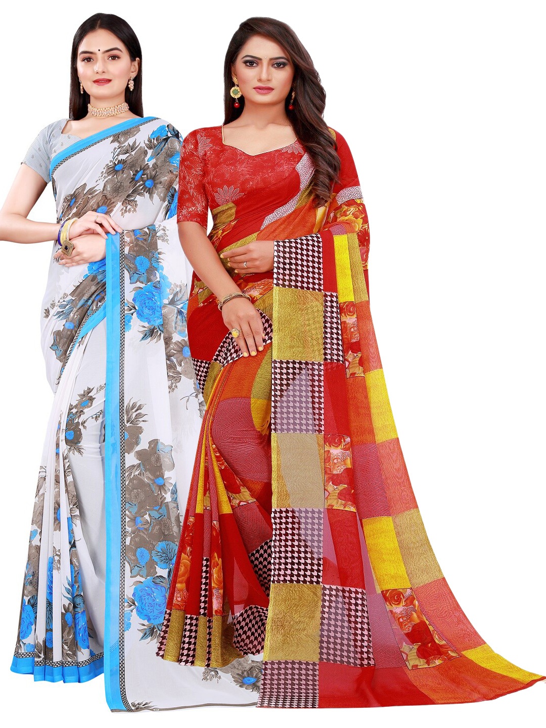 Florence White & Blue Floral Pure Georgette Saree