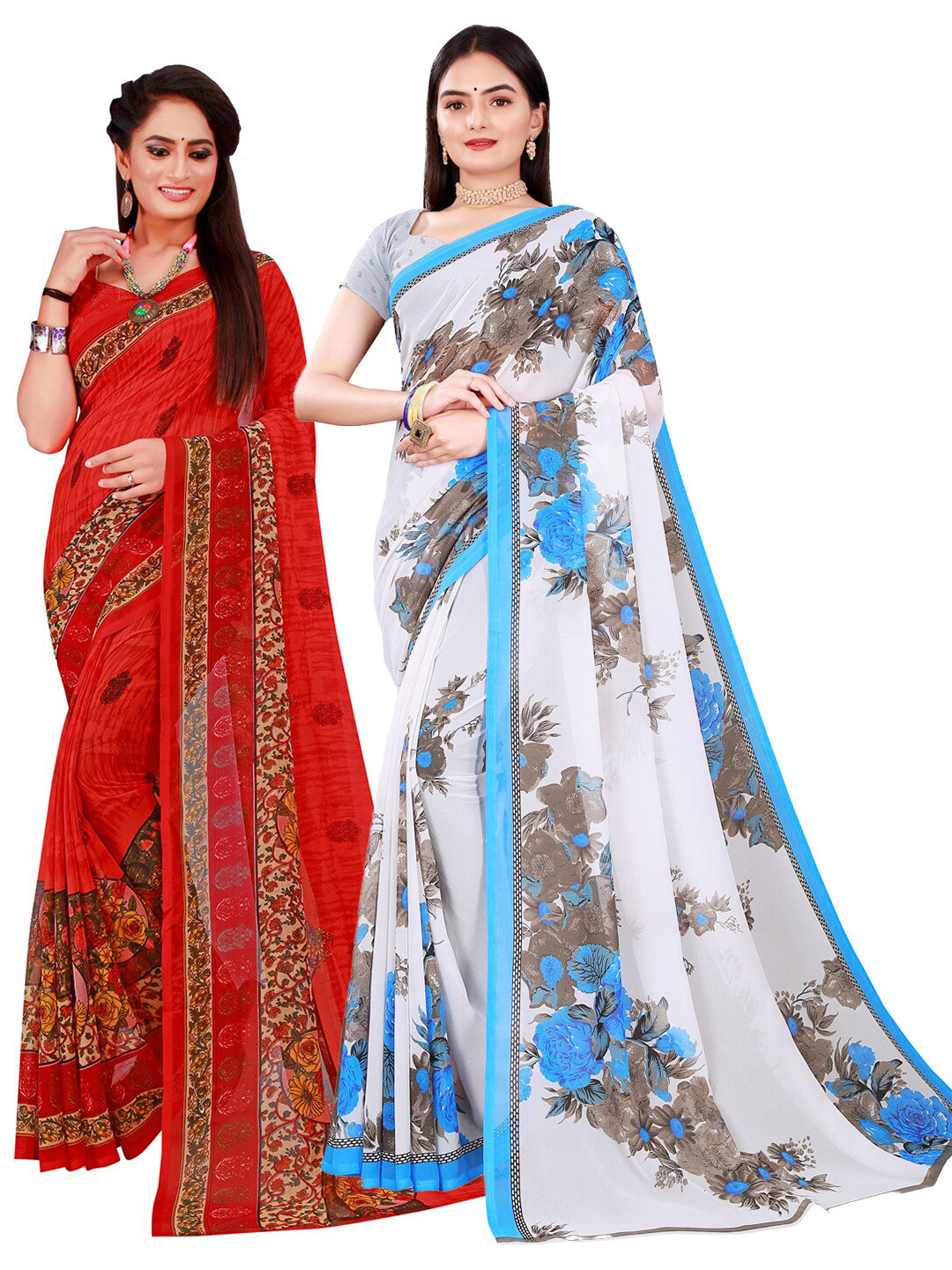 

Florence White & Red Pack Of 2 Pure Georgette Saree