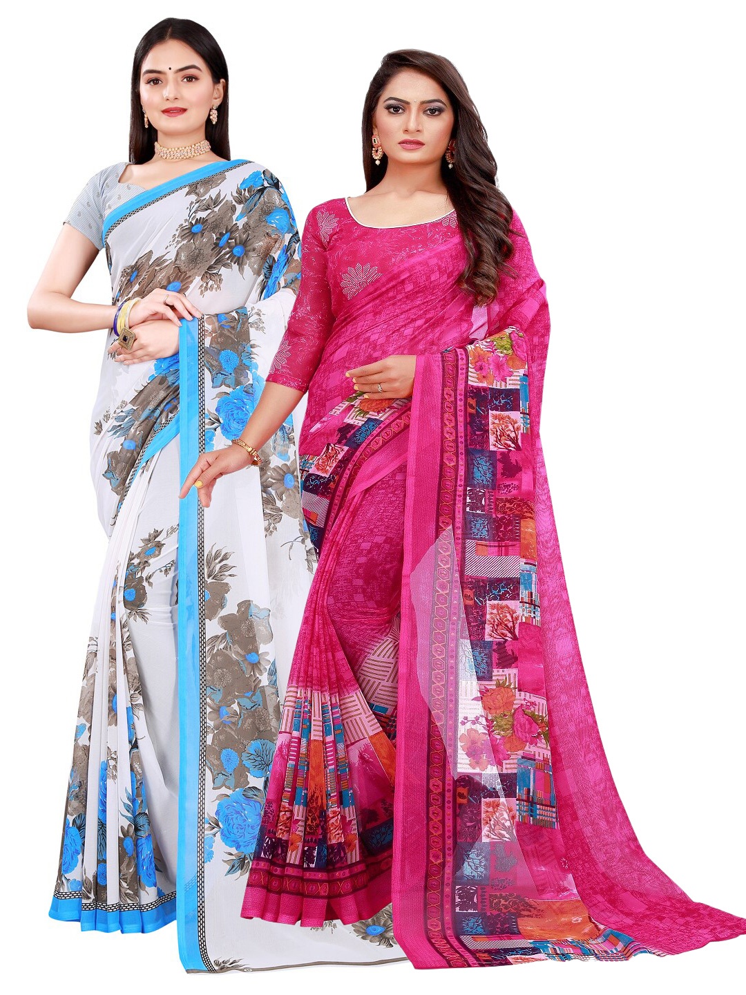 

Florence Pack Of 2 Magenta & White Floral Pure Georgette Saree