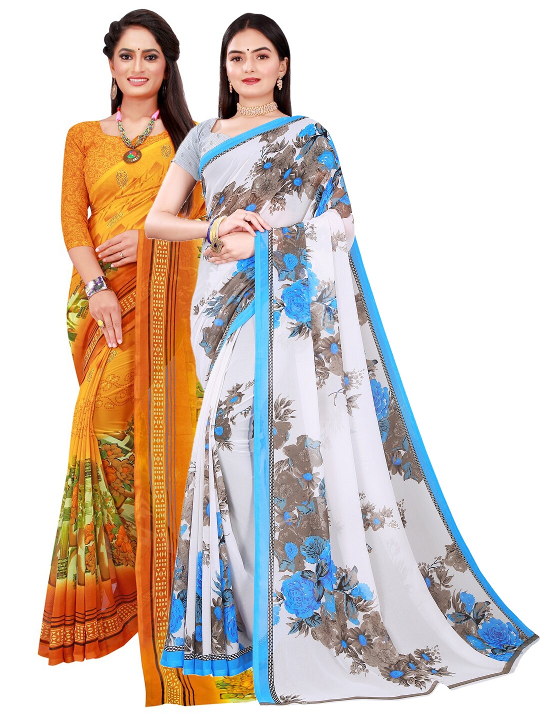 

Florence Pack Of 2White & Blue Floral Pure Georgette Saree, White