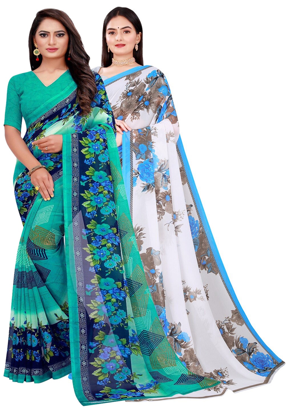

Florence Green & White Floral Printed Combo Pack of 2 Saree Pure Georgette Saree
