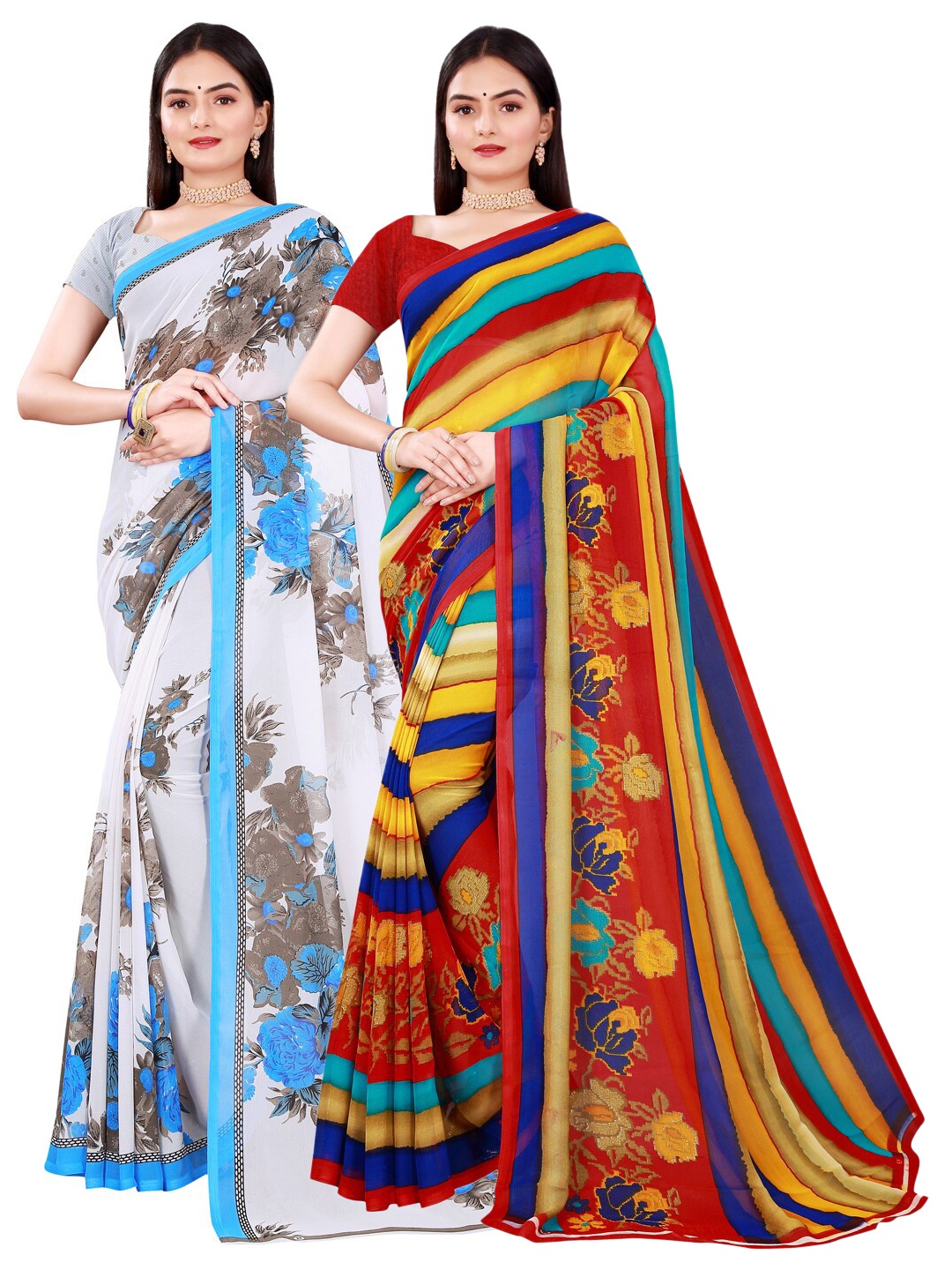 

Florence White & Navy Blue Set of 2 Floral Pure Georgette Saree