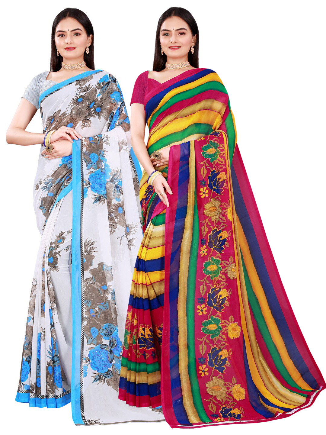 

Florence White & Green Floral Printed Pure Georgette Saree