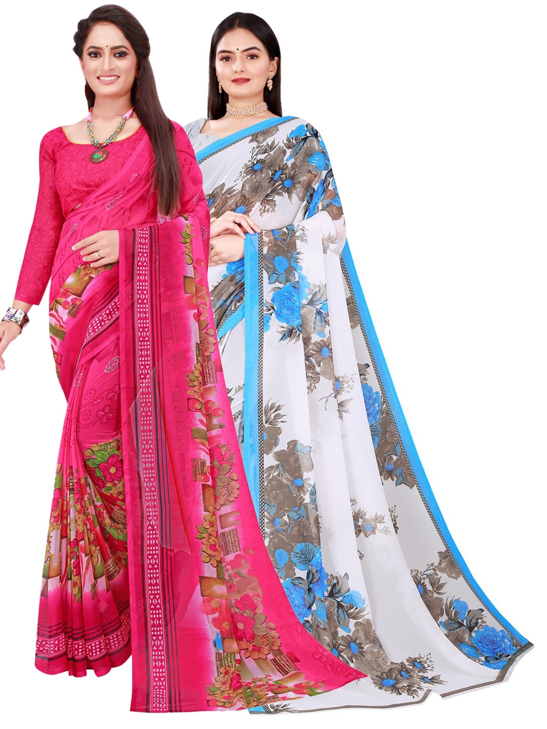 

Florence White & Blue Floral Pure Georgette Saree