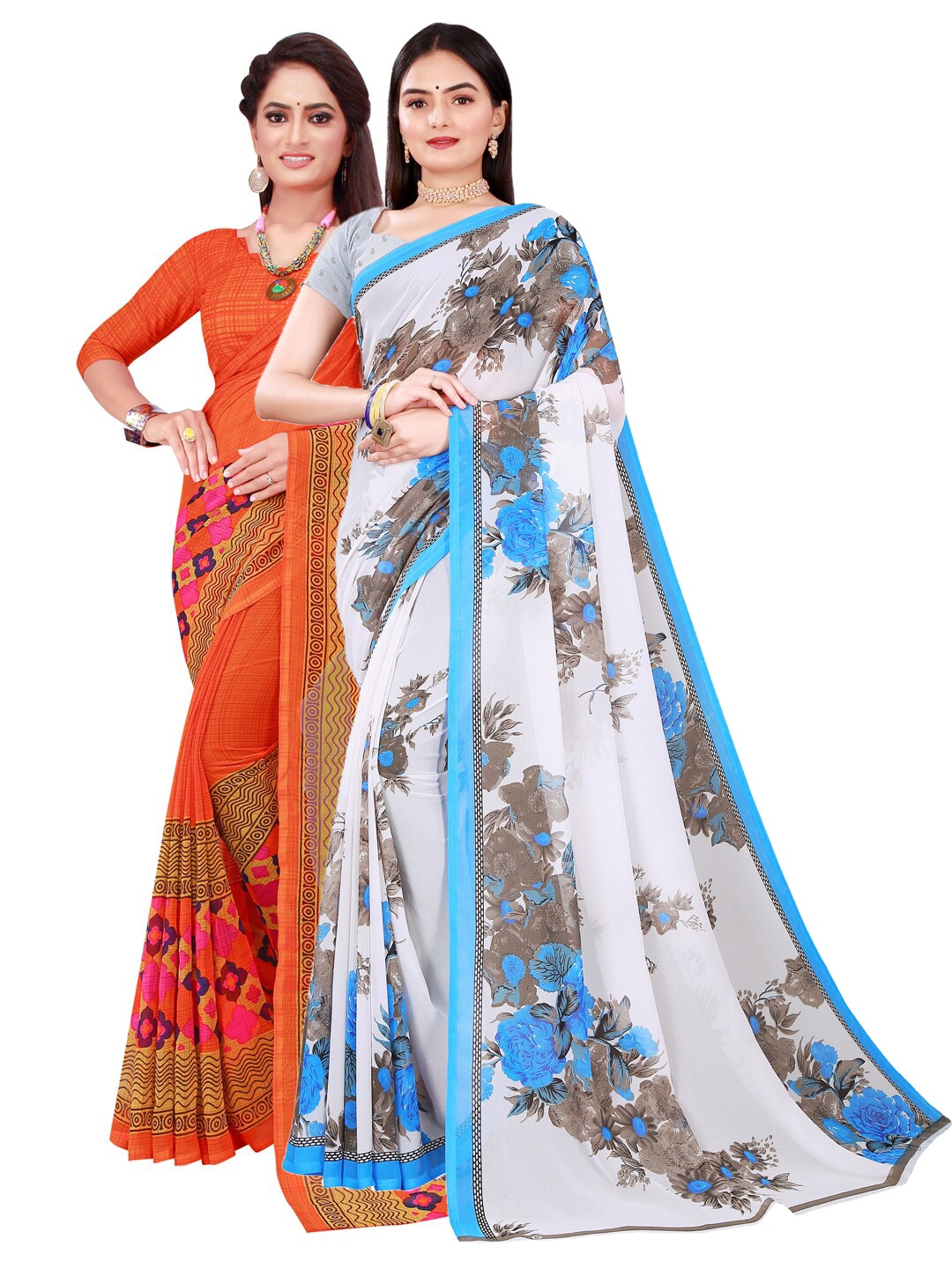 

Florence Orange & White Floral Pure Georgette Saree