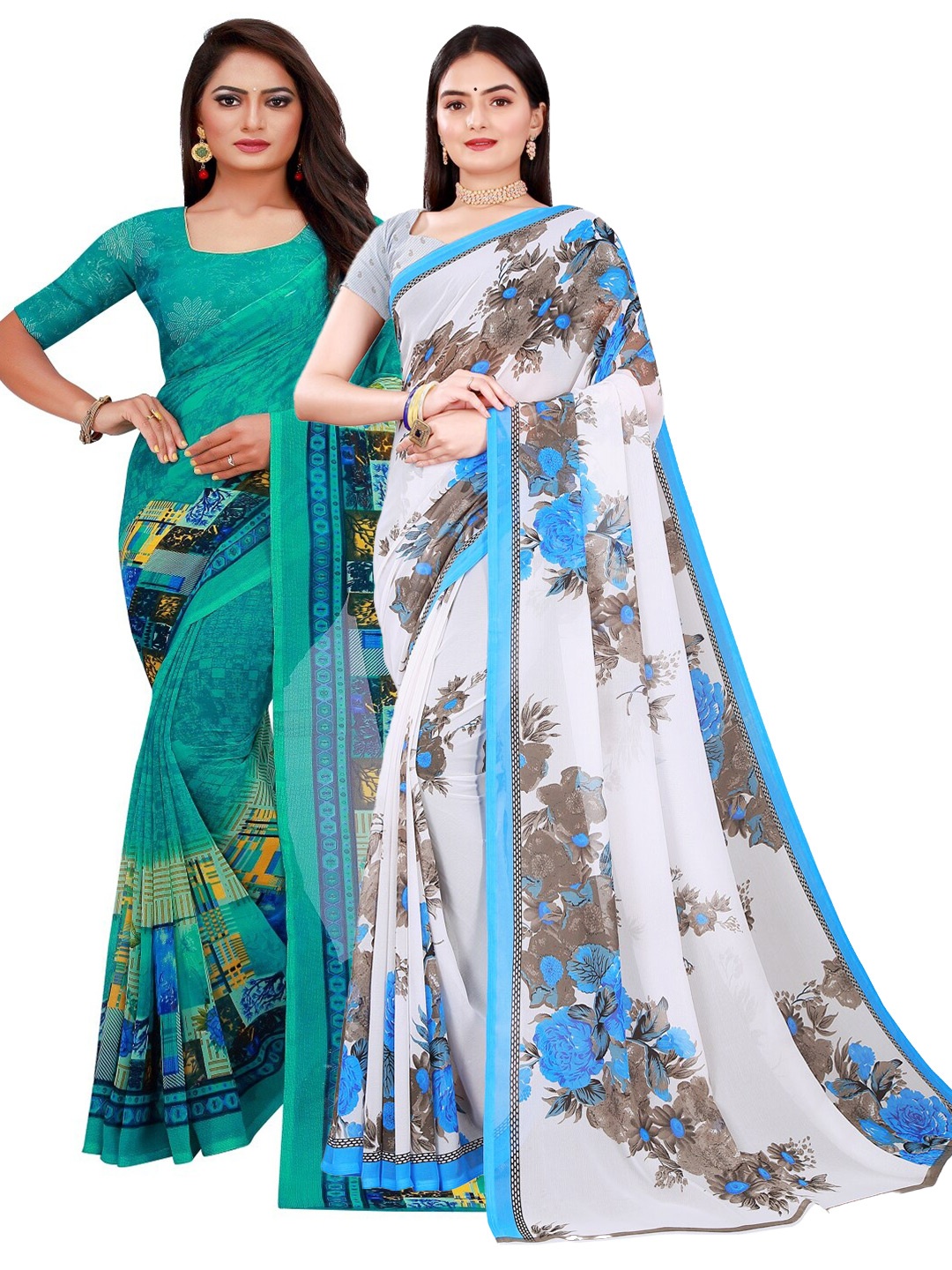 Florence Pack of 2 Teal & White Printed Pure Georgette Saree