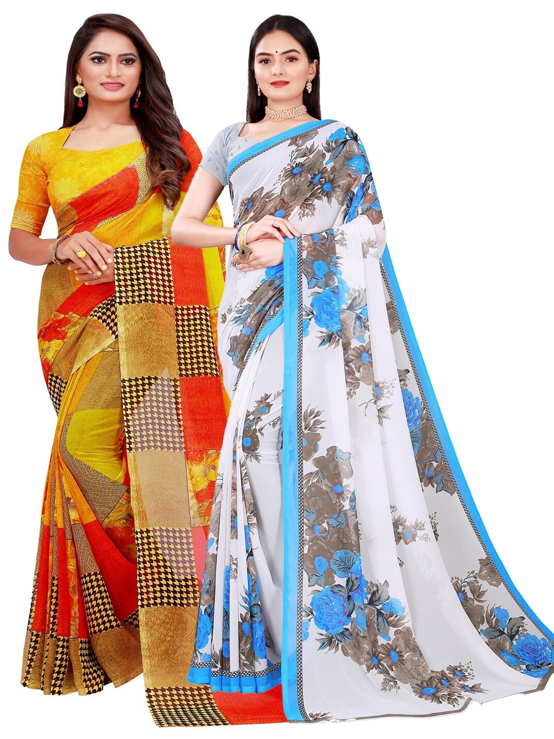 

Florence Pack Of 2 White & Yellow Floral Pure Georgette Saree