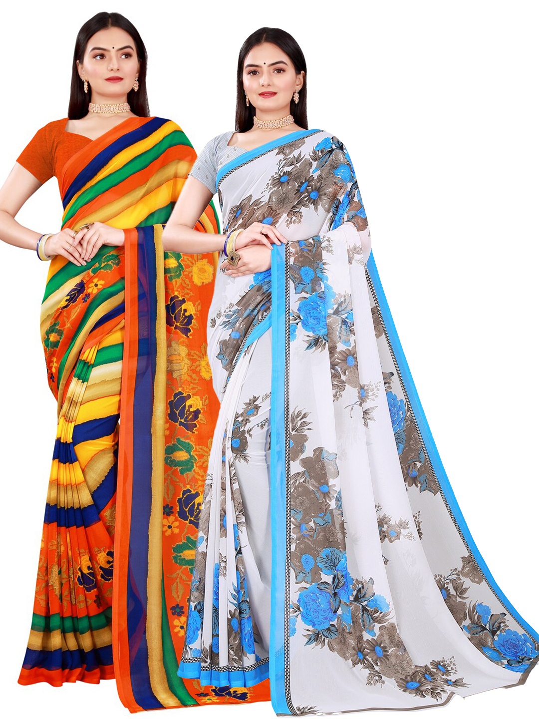 

Florence White & Blue Floral Pure Georgette Saree