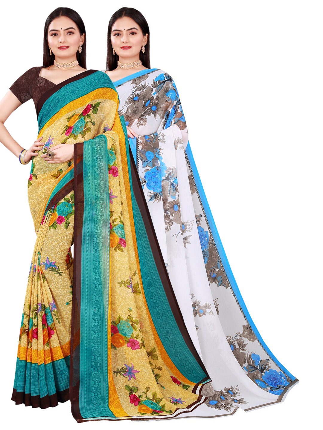 Florence Pack of 2 Floral Pure Georgette Sarees, Beige