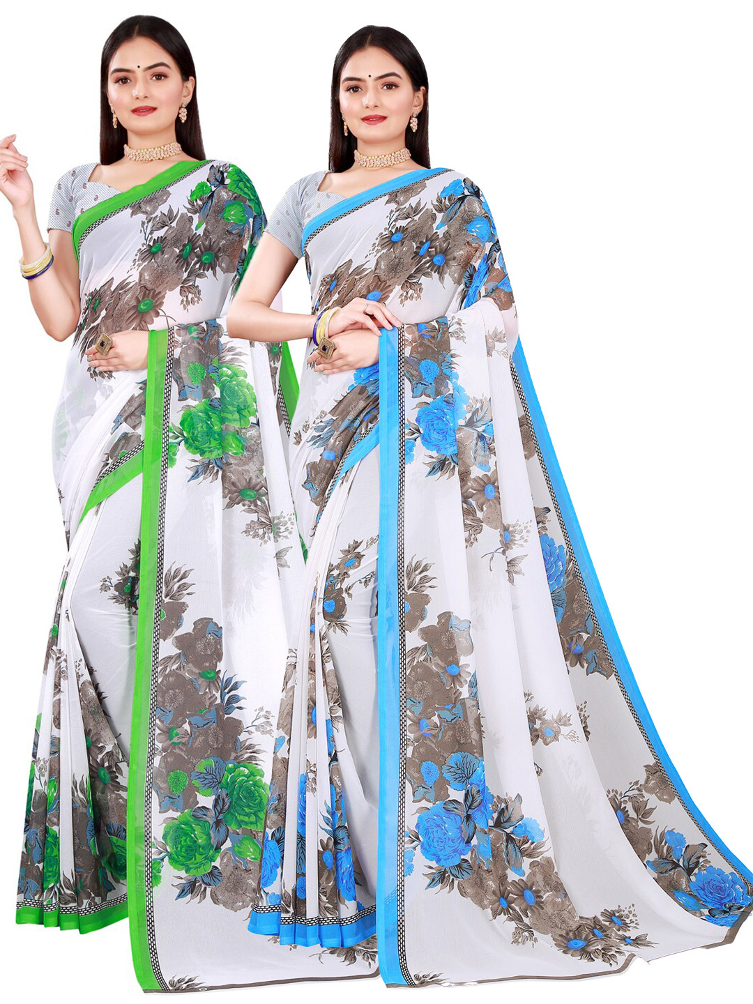 

Florence Set Of 2 White & Blue Floral Pure Georgette Saree