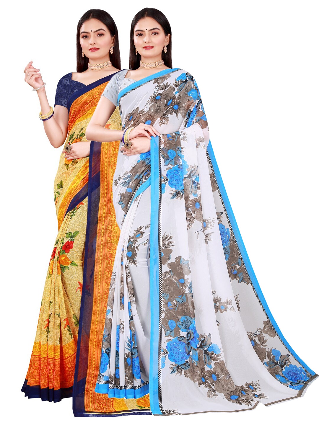 

Florence Pack of 2 White & Beige Printed Pure Georgette Saree
