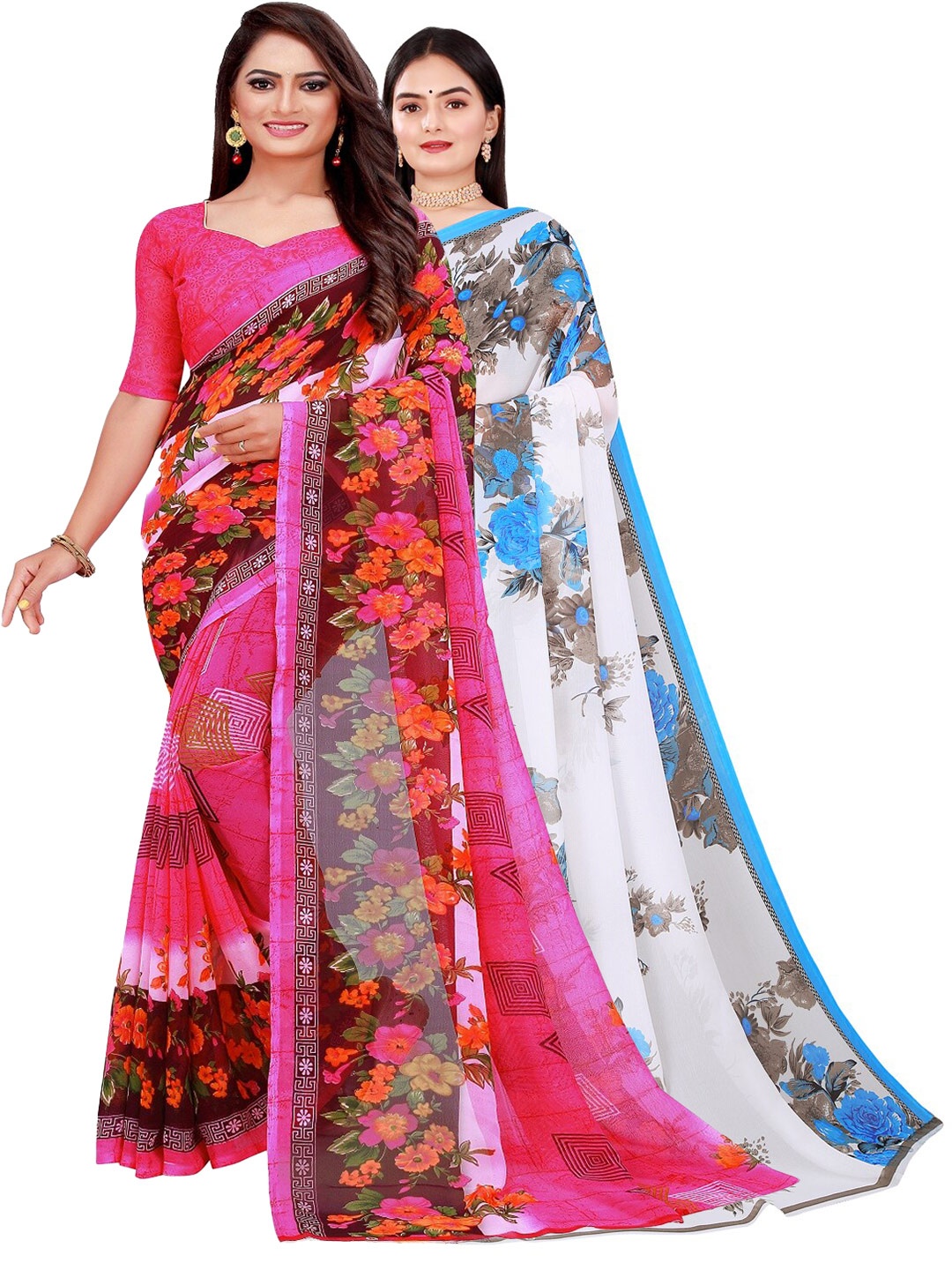 

Florence Pack of 2 White & Blue Floral Pure Georgette Sarees