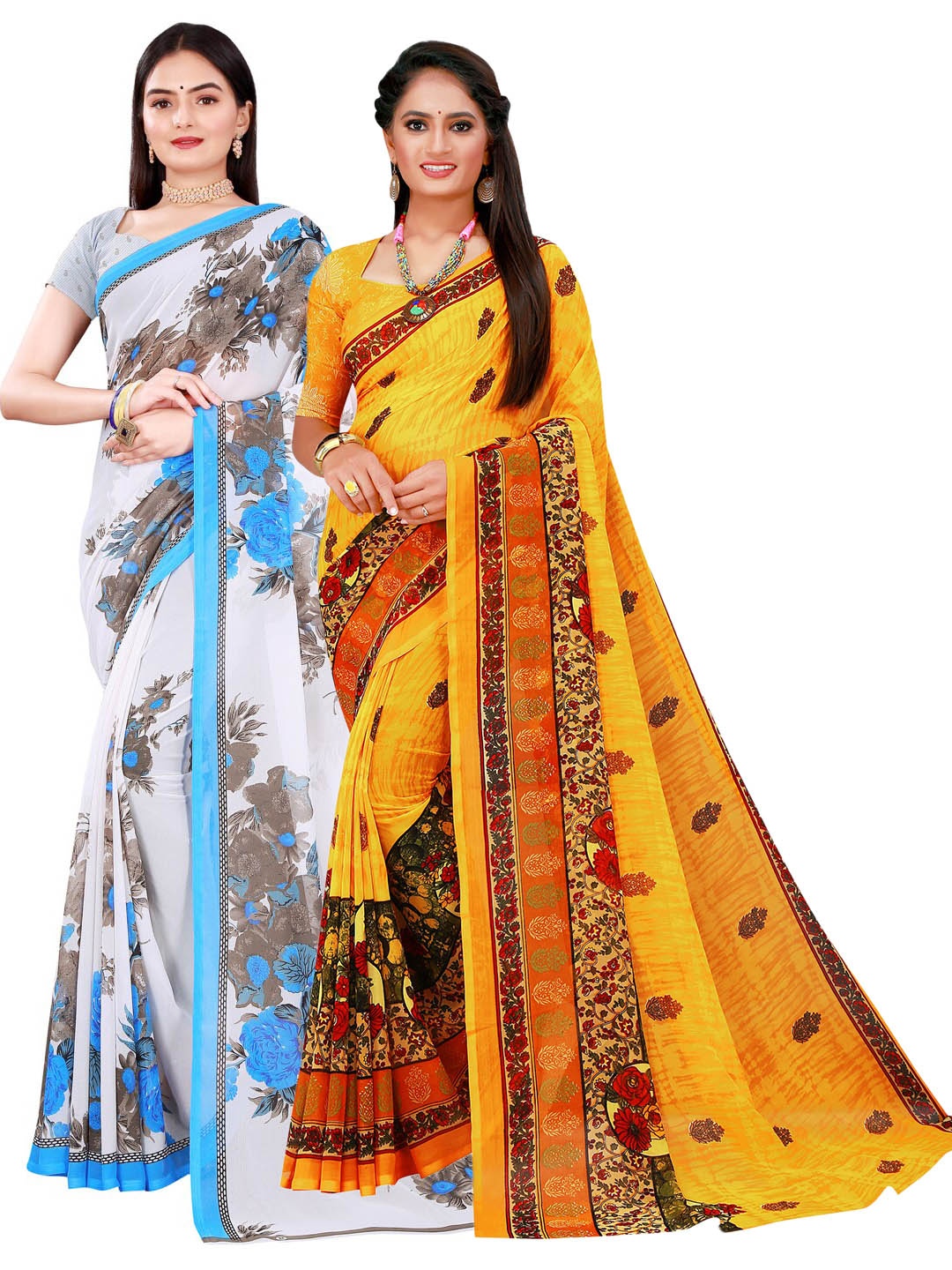 Florence White & Yellow Floral Pure Georgette Saree