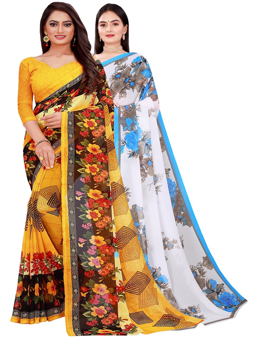 Florence Pack Of 2 Yellow & White Floral Pure Georgette Saree