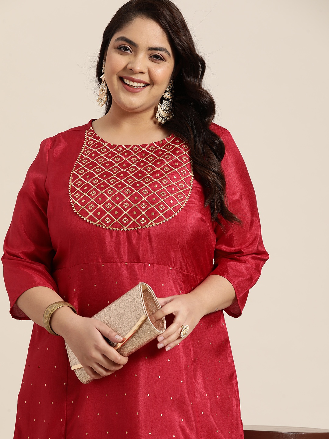 

Sztori Women Plus Size Red Ethnic Motifs Printed Embroidered A-Line Midi Dress