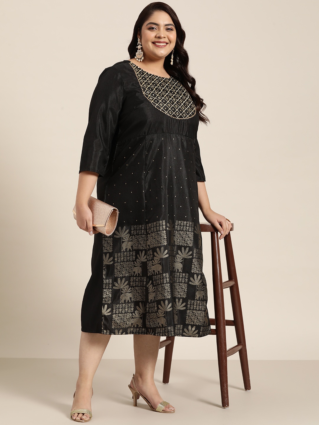 

Sztori Women Plus Size Black Ethnic Motifs Printed Embroidered A-Line Midi Dress