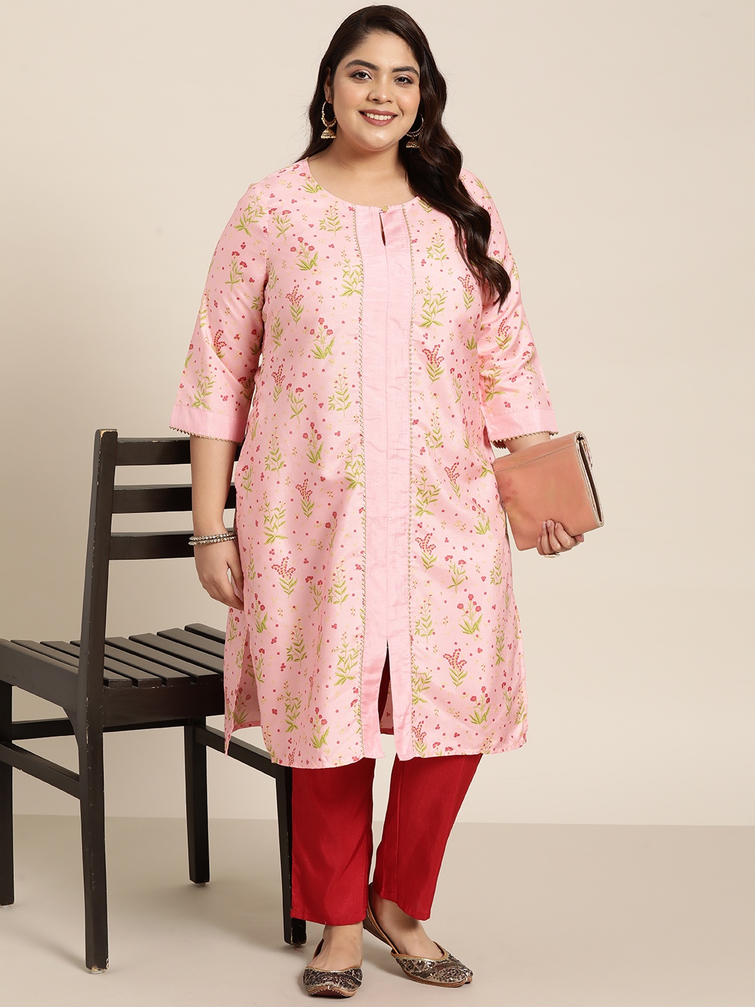 

Sztori Women Plus Size Pink & Green Floral Printed Kurta