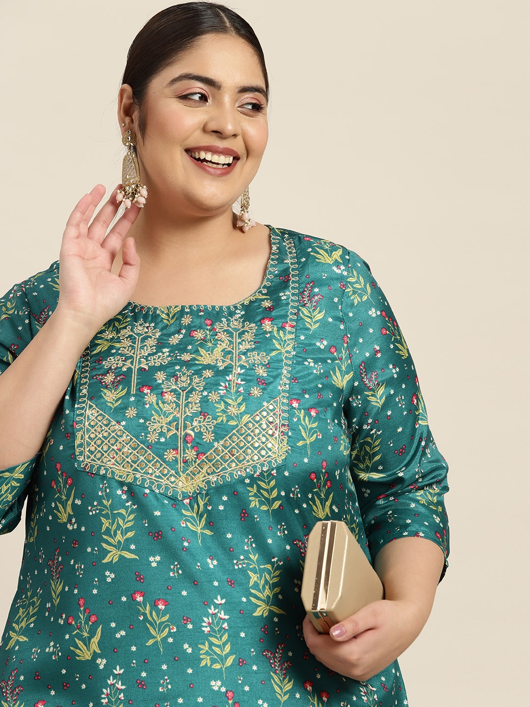 

Sztori Women Plus Size Floral Printed Kurta, Teal