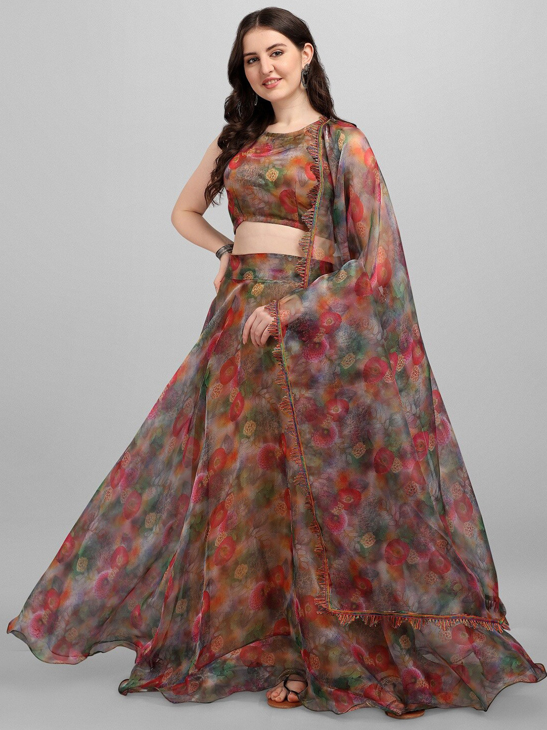 

Fashionuma Green & Red Printed Ready to Wear Lehenga & Unstitched Blouse With Dupatta